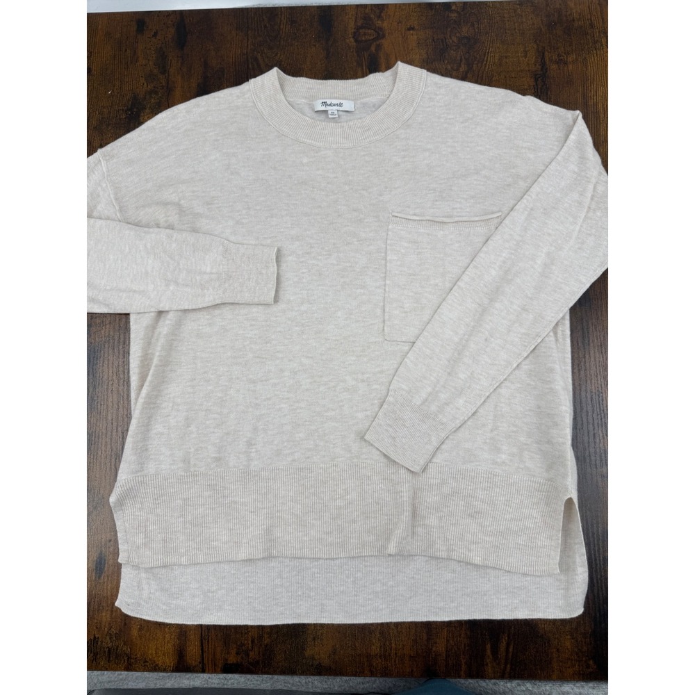 Madewell Sweater XS Cream Cotton Linen Blend Pocket Crewneck Pullover
